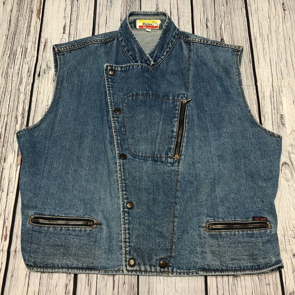 Vintage 80's Cotler Denim Jean Vest Size L Sleeveless Blue Zippers Pockets Retro